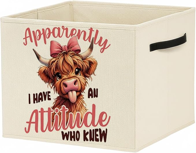 Pink Bow Funny Highland Cow Storage Bin Box with Handles, Highland Cow Gifts Foldable Baskets Organizer for Girls Kids Room Bedroom Bathroom Clothes Toys Books, Toybox for Girls