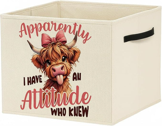 Pink Bow Funny Highland Cow Storage Bin Box with Handles, Highland Cow Gifts Foldable Baskets Organizer for Girls Kids Room Bedroom Bathroom Clothes Toys Books, Toybox for Girls