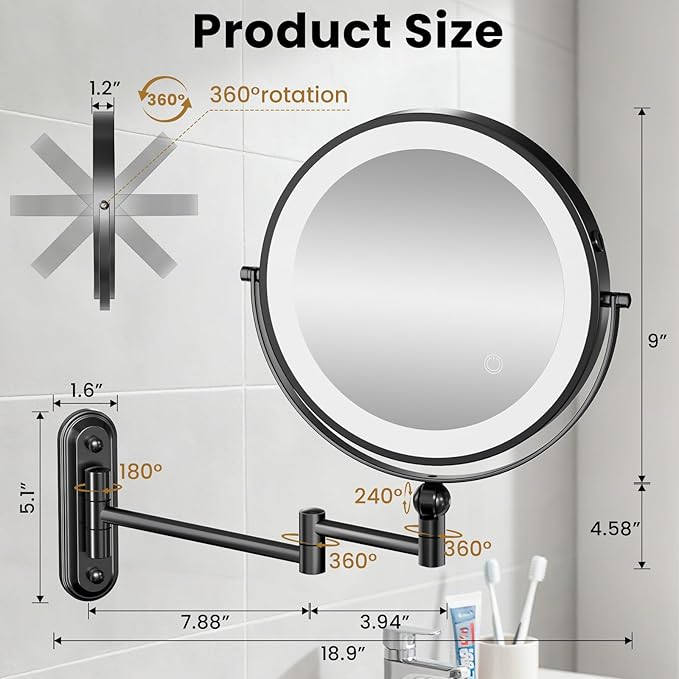 9" Wall Mounted LED Lighted Makeup Vanity Mirror - 4000mAh Rechargeable Double Sided 1X/30X Magnifying Mirror, 3 Color Lights Touch Dimmable, Height Adjustable Extended Arm 360° Swivel Bathroom Mirror