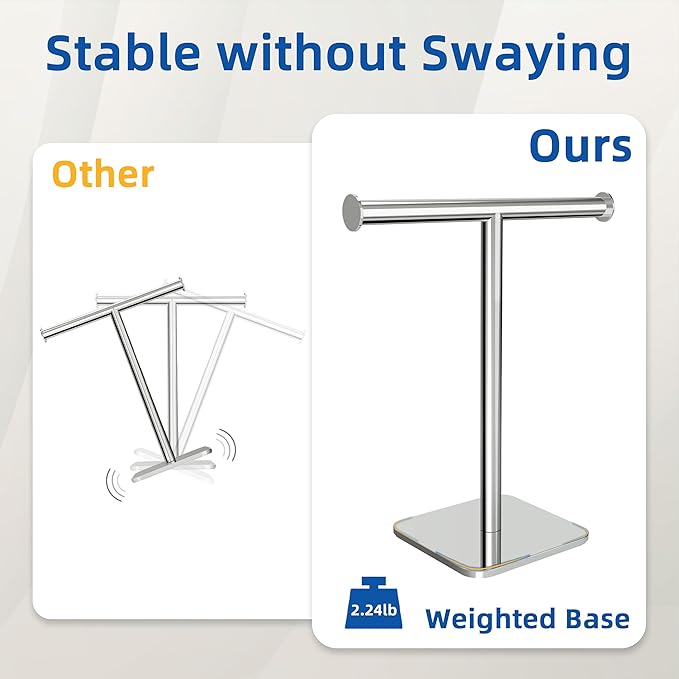 RUACQ T-Shape Hand Towel Holder Stand, Weighted Base Towel Rack, 12" Countertop Towel Holder for Bathroom, 304 Stainless Steel, Heavy Duty (Chrome, 2 Pack)