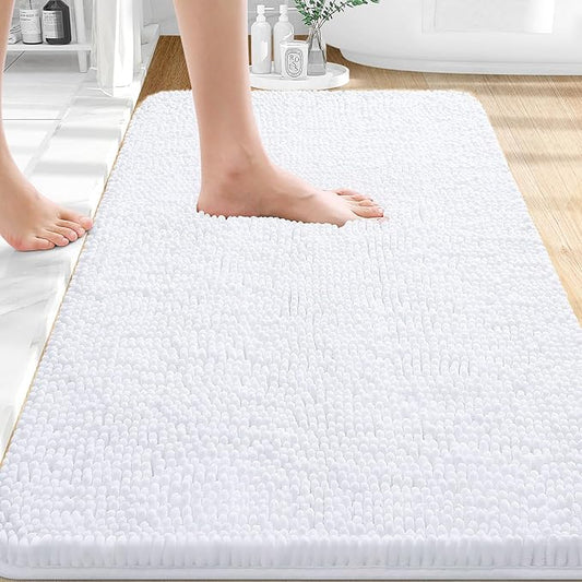 OLANLY Bathroom Rugs 30x18, Extra Soft Absorbent Chenille Bath Rugs, Rubber Backing Quick Dry, Machine Washable Bath Mats for Bathroom Floor, Tub and Shower, Home Decor Accessories, White