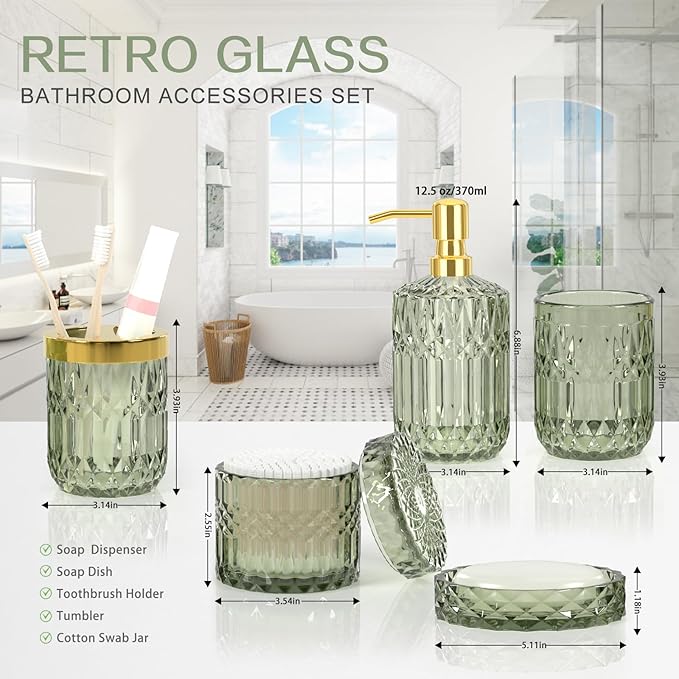 Green Bathroom Accessories Set, 5Pcs Clear Glass Green Accessories with Lotion Soap Dispenser, Soap Dish, Toothbrush Holder, Tumbler, Cotton Swab Jar, Modern Bathroom Decor Crystal Vintage Gift