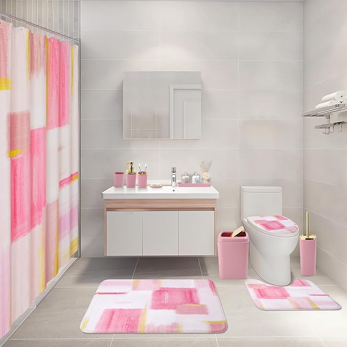 XLHOMO Bathroom Set - Pink and Gold Bathroom Accessories Set, Bathroom Sets with Shower Curtain and Rugs, Pink Shower Curtain Set with Bathroom Trash Can, Soap Dispenser, Soap Dish for Home Decor