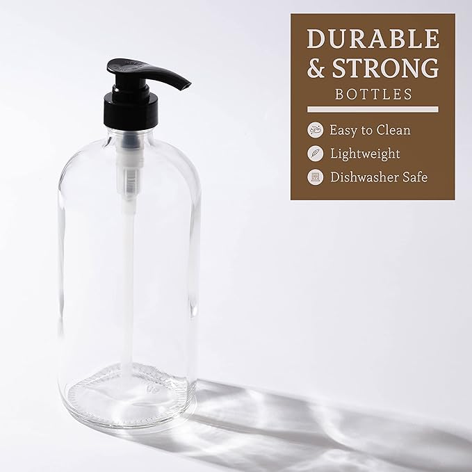 kitchentoolz 32-Ounce Pump Bottles, Large Clear Glass Boston Round Bottles w/Black Pumps. Great for Lotions, Laundry Soap Detergent, Oils, Sauces - Food Safe and Medical Grade (Pack of 2)