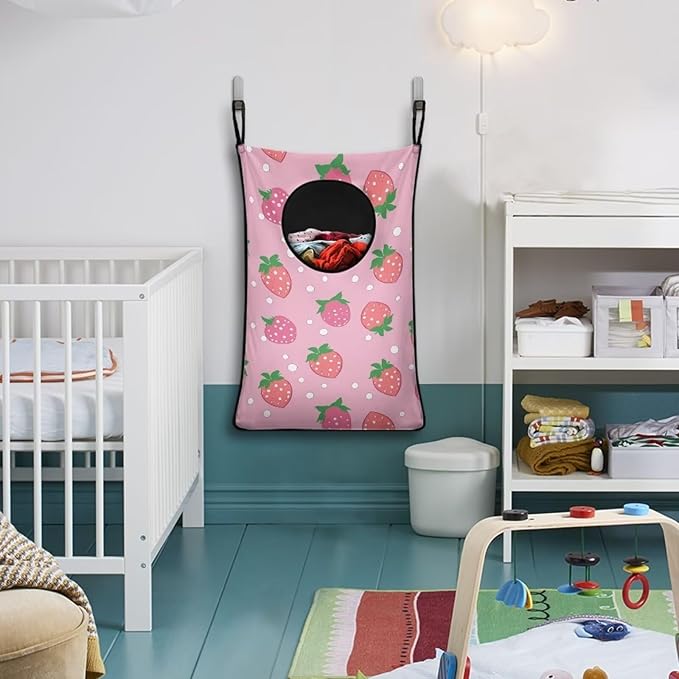 ZOUTAIRONG Cute Strawberry Hanging Laundry Hamper Laundry Baskets Dirty Hamper for Clothes Pink Nursery Organizers Washable Hampers Room Decor Bedroom Hamper Bag Pink Girls