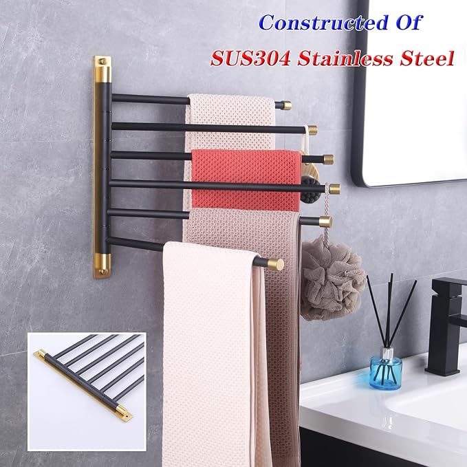 GERZWY Bathroom Swing Arm Towel Bars Wall Mount Bath Towel Rack with 6 Arms Hanger Towel Holder Organizer Stainless Steel (Black & Gold) HYG06-BD