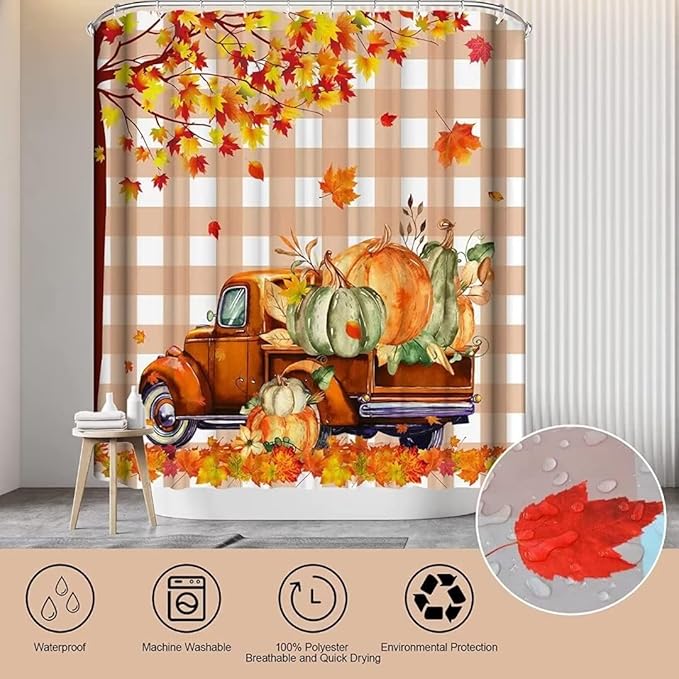 NBVKO 4PCS Fall Thanksgiving Day Shower Curtain，Autumn Pumpkin Truck Bathroom Shower Curtain Set with Non-Slip Rug Toilet Lid Cover Bath Mat 12 Hooks，Orange Maple Leaf Bathroom Decor Accessory Set