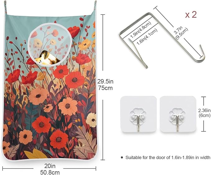 Autumn Poppy Flowers Door Hanging Laundry Hamper Bag with Free Adjustable Stainless Steel Hooks Dirty Clothes Hamper Extra Large Over the Door Laundry Hamper 29.5X20inch 1PC