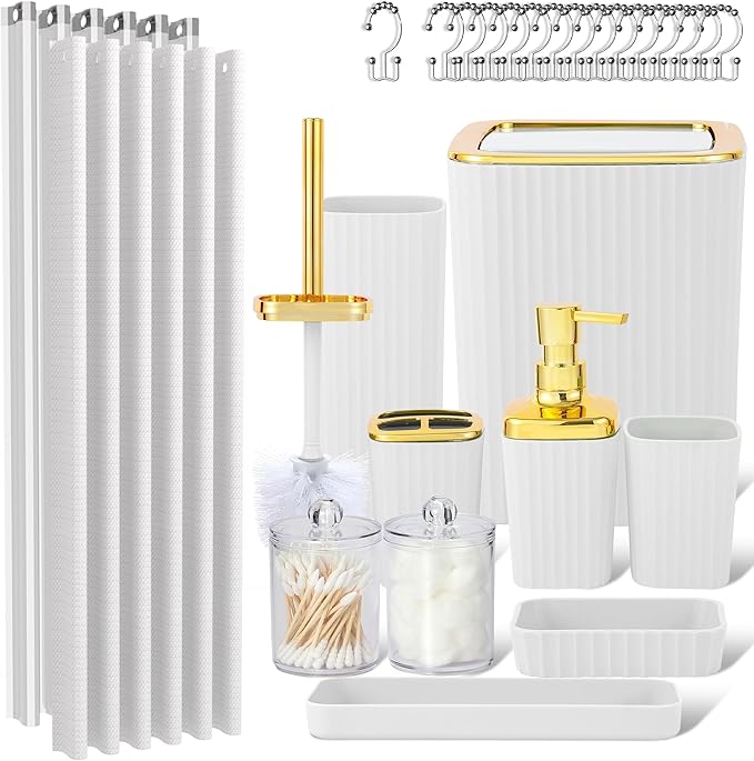 White Bathroom Set, 23 PCS White Bathroom Accessories Set with Shower Curtains, Trash Can, Toothbrush Holder, Soap Dispensers, Toothbrush Cup, Vanity Tray, Soap Dish, Toilet Brush, Qtip Holders
