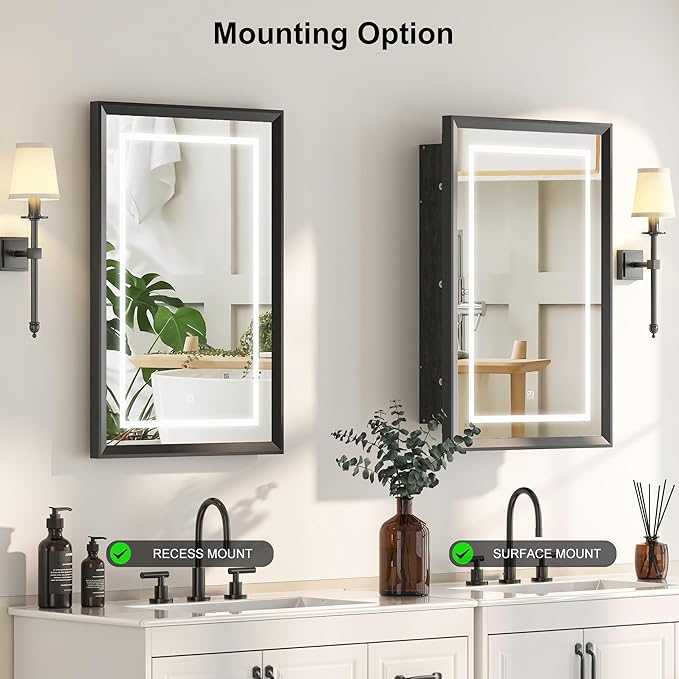 Recessed LED Medicine Cabinet with Lights,Beveled Aluminum Frame, 20x30 Black Bathroom Lighted Medicine Cabinet with Mirror, 3-Light Color Dimmable, with Adjustable Glass,Assembly Required