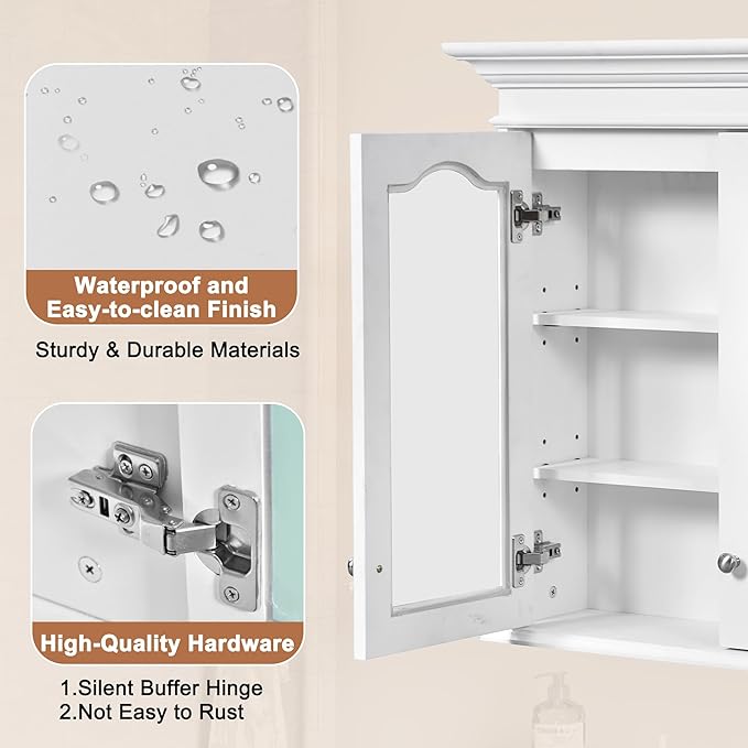 Merax Wall Mounted Bathroom Medicine Cabinet with Mirror, 40" x 28" Bathroom Wall Cabinet with Storage, Glass Doors and Adjustable Shelves, Mirrored Door Over The Toilet Storage Cabinet