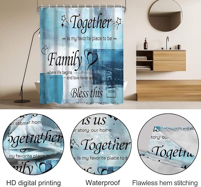 Lnond 4Pcs Bathroom Shower Curtain Sets with Rugs, Blue Motivational Home Family Bathroom Sets with Shower Curtain and Rugs and Accessories