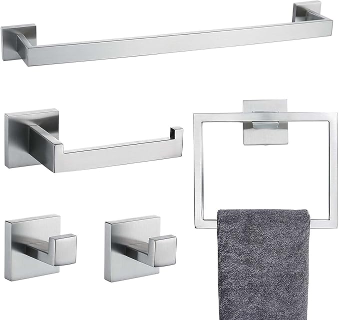 5PCS 304 Stainless Steel Bathroom Hardware Set，Including Towel bar，Towel Ring，Toilet Paper Holder,Robe Hook (Brushed Nickel)