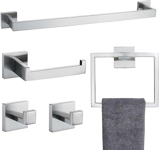 5PCS 304 Stainless Steel Bathroom Hardware Set，Including Towel bar，Towel Ring，Toilet Paper Holder,Robe Hook (Brushed Nickel)