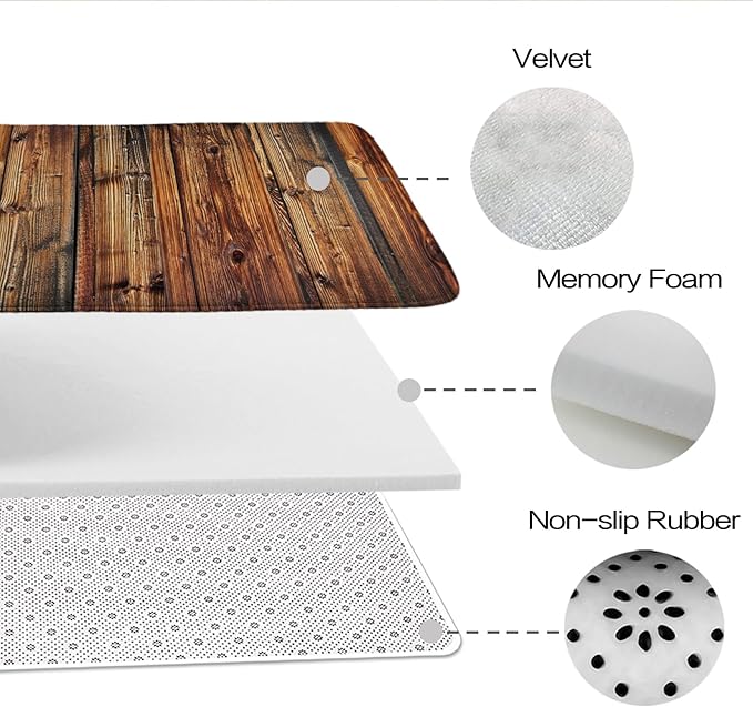 Rustic Farmhouse Wooden Board Print Bathroom Rugs and Mats Sets 3 Piece, Wood Western Country Bath Mat 20 x 31 in, Coral Velvet Memory Foam U-Shaped Contour Shower Mat Non Slip Absorbent