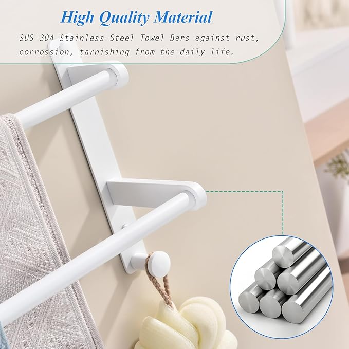 White Double Towel Rack with Hooks, 24 Inch Stainless Steel Towel Rails, Wall Mounted Bathroom Towel Holder