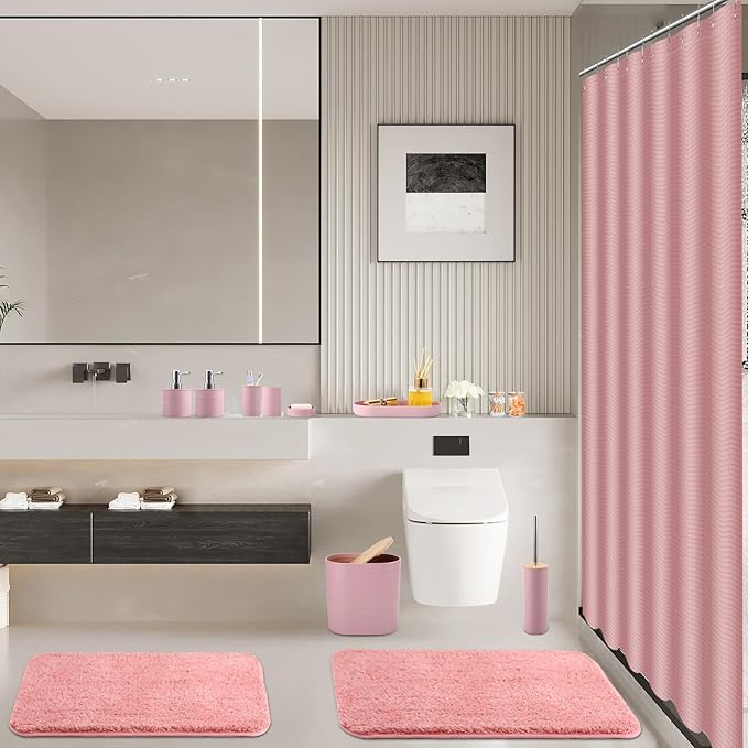 XLHOMO Bathroom Set - Pink Bathroom Accessories Set, Bathroom Sets with Shower Curtain and Rugs, 25PC Shower Curtain Set with Hooks, Soap Dispenser, Soap Dish, Toilet Brush Holder and Trash Can