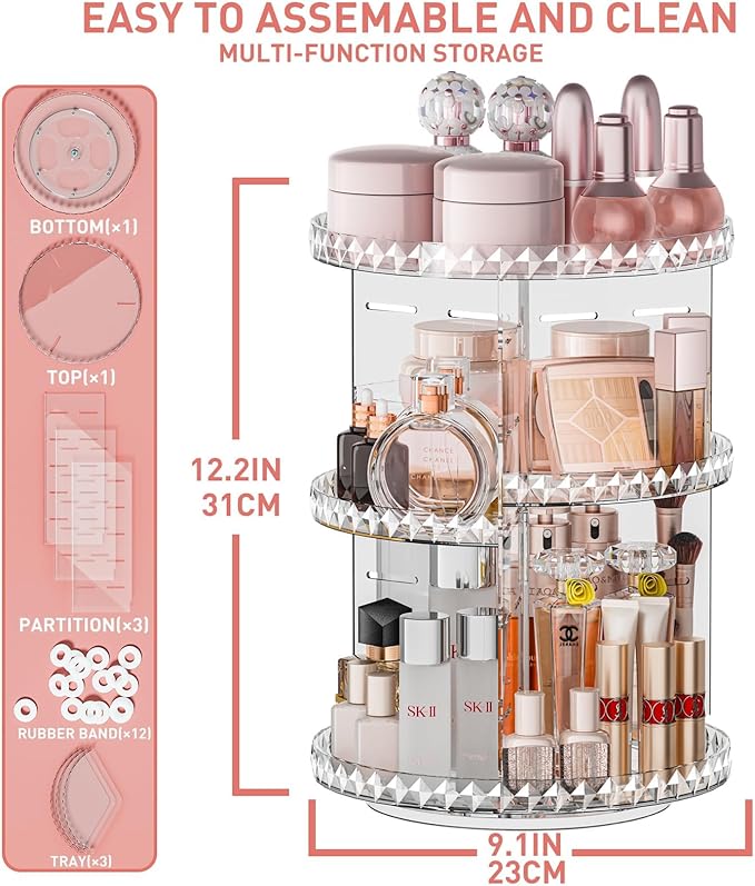 360° Rotating Makeup Organizer, Diamond Pattern DIY 5 Adjustable Layers Skincare Clear Cosmetics Organizer for Vanity Countertop with Perfume Tray