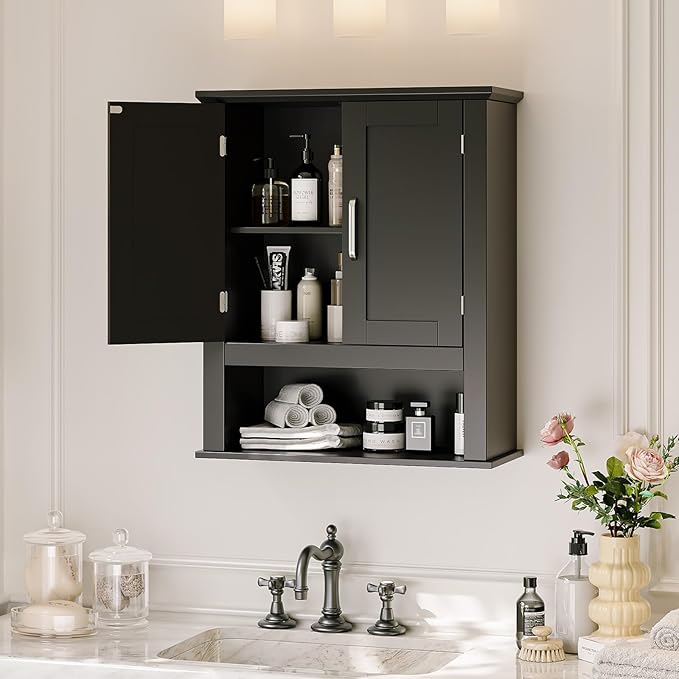 VINGLI Bathroom Wall Cabinet, Black Medicine Cabinet with Open Shelf & 2 Doors, Adjustable Hanging Storage Organizer Over Toilet, Wooden Cupboard for Kitchen Laundry Room Entryway