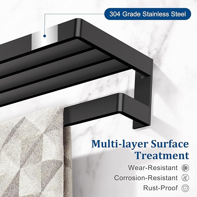 TNOMS Matte Black Towel Rack 23.6-inch Towel Bar Double Towel Holder Stainless Steel Bathroom Hardware Accessories Set
