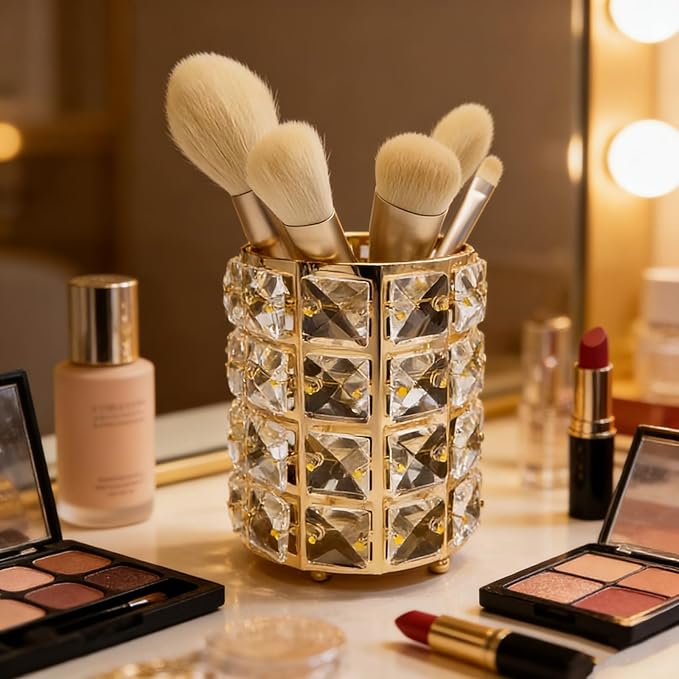 Makeup Brush Holder Organizer Crystal Bling Cosmetic Storage Box for Brushes, Combs & Pens, Candle Holder Container???Gold???