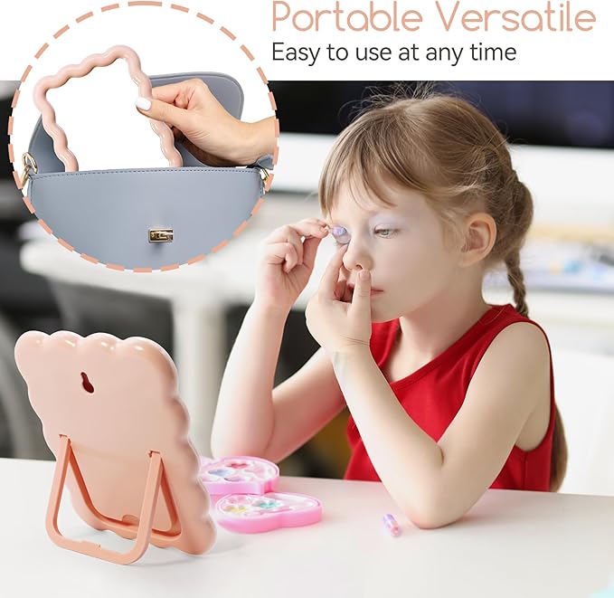 Philbinden Cute Wave-Shaped Desk Vanity Makeup Mirror, Portable Folding Travel Makeup Mirror for Standing/Hanging, Home Decorations for Women Girls (1, Pink)