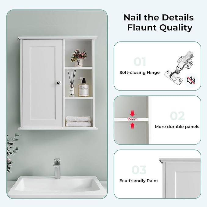 The Wide Usage Wall Medicine Cabinet with Storage Shelves & Anti-Dust Door for Bathroom, Living Room, Kitchen, Entryway,Bedroom（White）