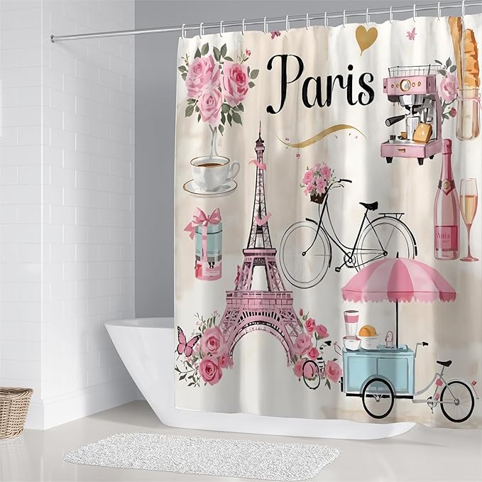 Chrainy 4Pcs Paris Eiffel Tower Shower Curtain Sets Bathroom Set Decor with Non-Slip Rugs Bath U-Shaped Mat Toilet Lid Cover Waterproof Pink Romantic Bathroom Curtains Shower Set with 12 Hooks