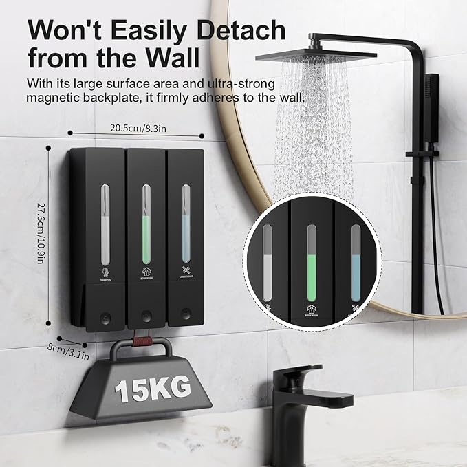 Shampoo and Conditioner Dispenser - Wall-Mounted 3-Chamber Shower Soap Dispenser, No-Drill, 1200ML Capacity, for Bathroom & Hotel