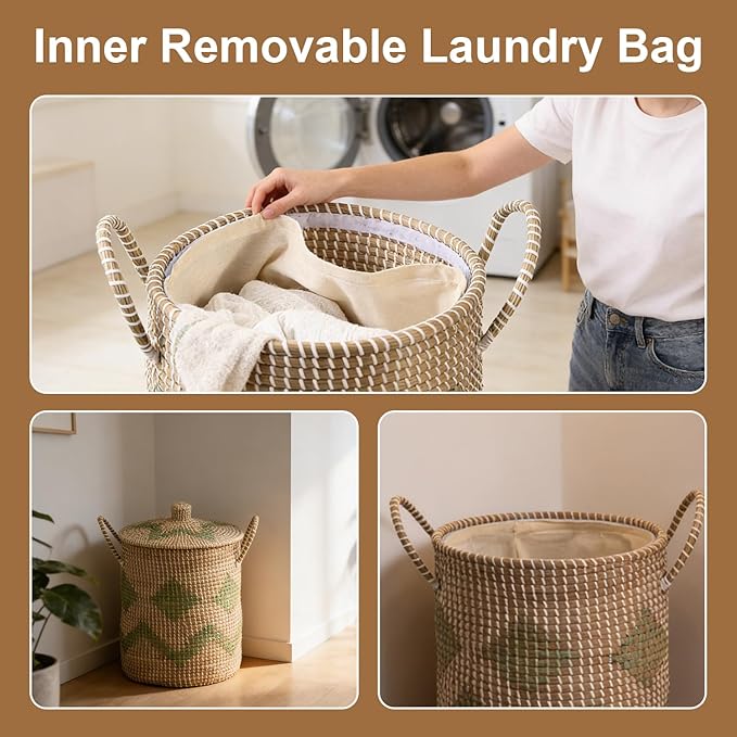 Laundry Hamper Baskets with Lids - 4 Pack Woven Seagrass Hamper with Washable Liner, Home Storage Organization Bins for Clothes, Toys, Hamper with Lid for Bedroom, Bathroom, Laundry Room & Kitchen