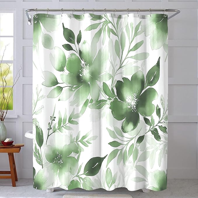 Floral Shower Curtain, Sage Green Watercolor Flower Shower Curtains for Bathroom, Modern Minimalist Waterproof Fabric Bath Curtain 72x72 Inch
