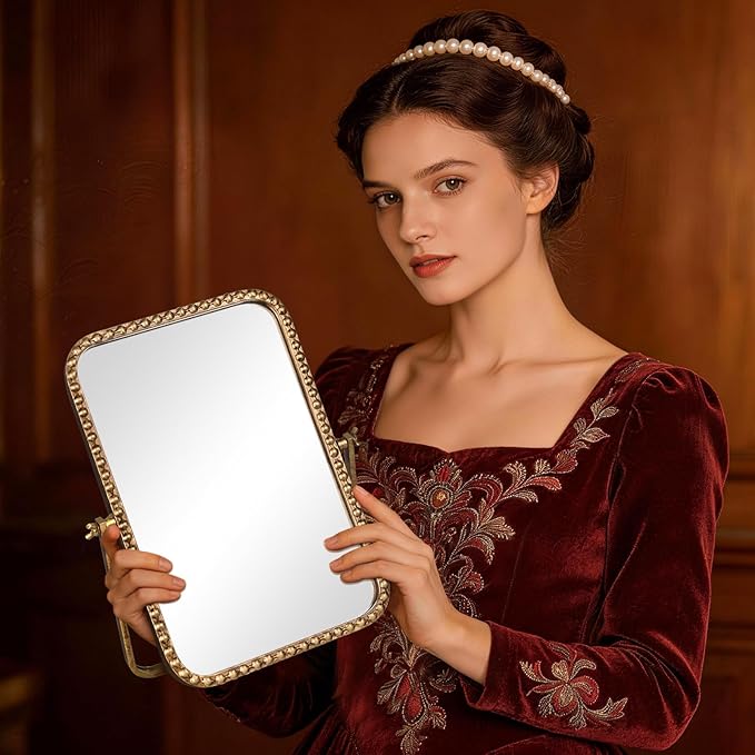 Vintage Desk Makeup Mirror, 12" L x 7.9" W Antique Gold Vanity Table Mirror, Metal Framed Rectangular Small Standing Mirrors with Beaded, 360 Adjustable Rotation for Tabletop, Bedroom