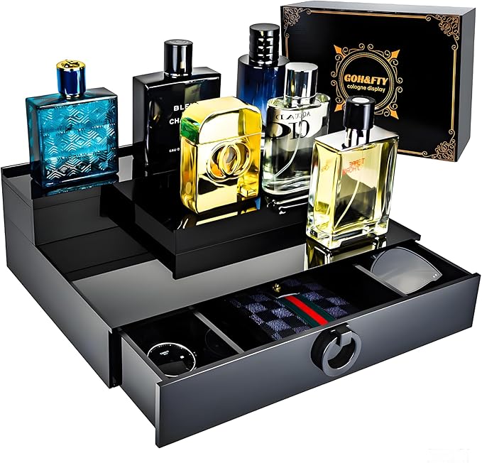 GOH&FTY Cologne Organizer for Men,3 Step Acrylic Waterproof Black Cologne Stand with Drawer and Secret Compartment, Cologne Holder Tray Display Shelf as a Gift for Men in Dresser,Bedroom