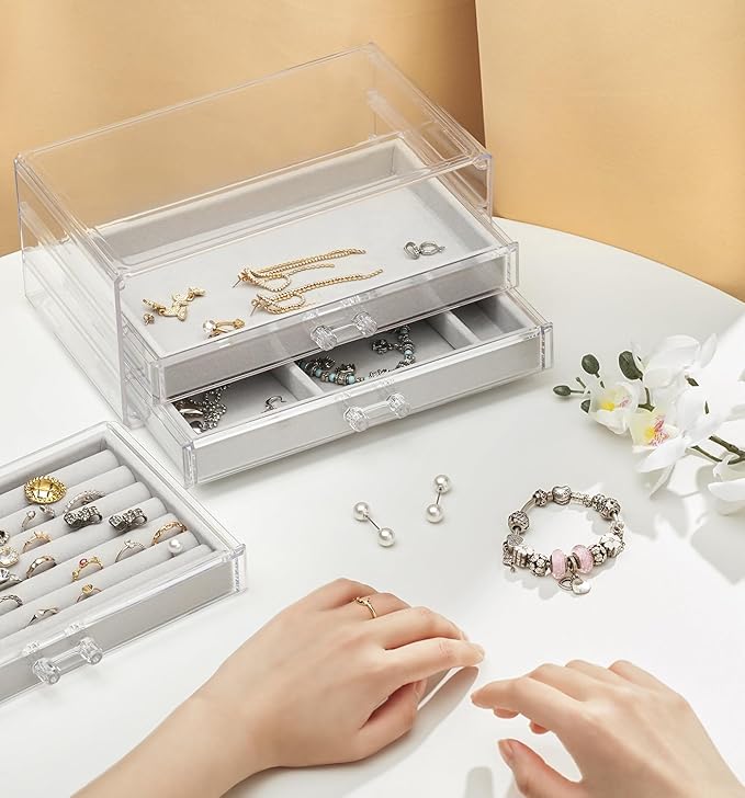 DOZZZ Acrylic Jewelry Organizer Box with 3 Drawers, Clear Earring Storage Display Case Holder with Adjustable Velvet Trays for Rings Necklace Bracelet Women