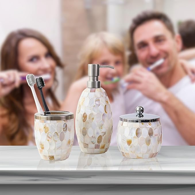 Escenzy Natural Shell Bathroom Accessories Sets 3 Pcs | Luxurious Glass Soap Dispenser, Toothbrush Holder, Cotton Jar | Modern Decor Bling Mosaic Glass Decorative Bathroom Accessories