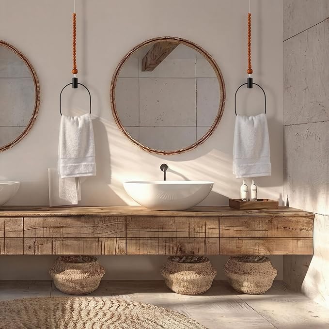 Maxdot 2 Pcs Ceiling Mounted Towel Rack Black Metal Design Vertical Towel Holder Rustic Hand Towels Ring Space Saving Towels Hanger with String and Wooden Bead for Bathroom Kitchen Home Accessories