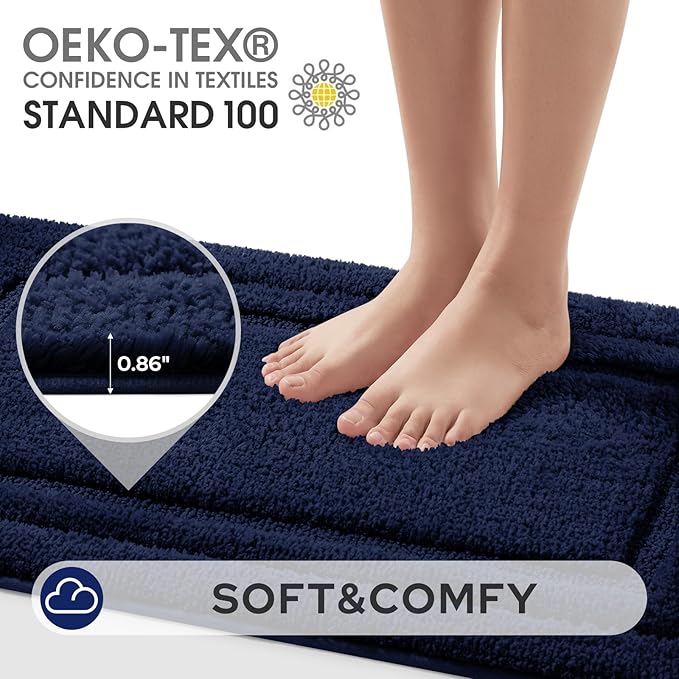 HOMEIDEAS Bathroom Rugs Sets 3 Piece, Microfiber Shaggy Bath Mat Set, Non-Slip Ultra Soft Carpet Mats, Large Rugs with U-Shaped Toilet for Bathroom, Tub, Shower,Navy Blue