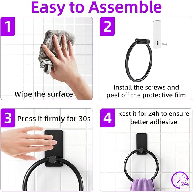 2 Pack Towel Ring, Hand Towel Holder for Bathroom, Self Adhesive Round Hand Towel Rings, Stainless Steel Towel Hanger Heavy Duty Towel Racks Stick On Wall for Kitchen, Matte Black