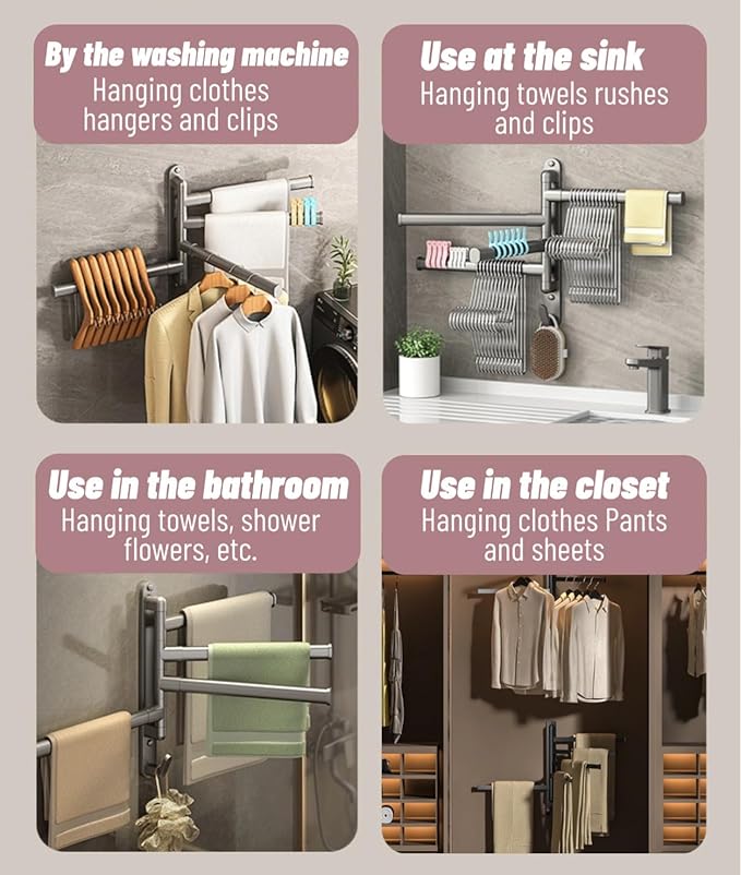 2-5 Arms Swivel Towel Rack Bath Towel Holder with Hook Swing Arm Towel Rack Wall Mount for Bathroom Kitchen-Beige 3Arm