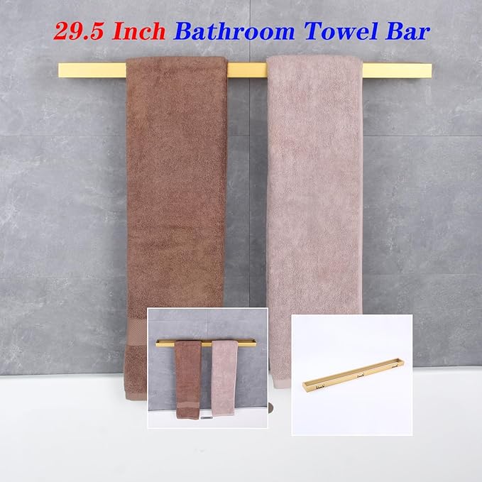 GERZWY 30-Inch Towel Bar, Gold Stainless Steel Modern Square Style Bath Towel Bar Wall Mount HG17702-BE