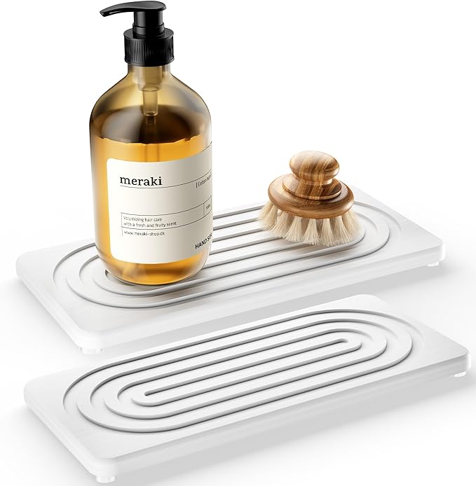 Water Absorbing Stone Tray, Quick Drying Diatomite Bathroom Tray Countertop, Stone Drying Mat for Kitchen Counter, Soap Dish Dispenser Vanity Organizer, White-A-8.3" x 4"