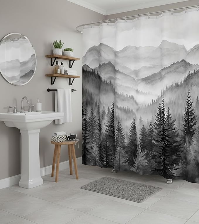 Accnicc Forest Mountain Shower Curtain Black and White Nature Misty Pine Tree Shower Curtains for Bathroom Dark Grey Foggy Rustic Woodland Decorative Waterproof Fabric Bath Curtain Decor 72×72 Inches