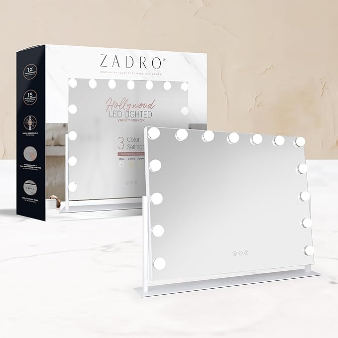 Zadro Hollywood Lighted Vanity Mirror with 15 LED Bulbs, 3 Color Light Settings, 360° Rotation Makeup Mirror Head (26" H x 20" W | 1X | Chocolate)