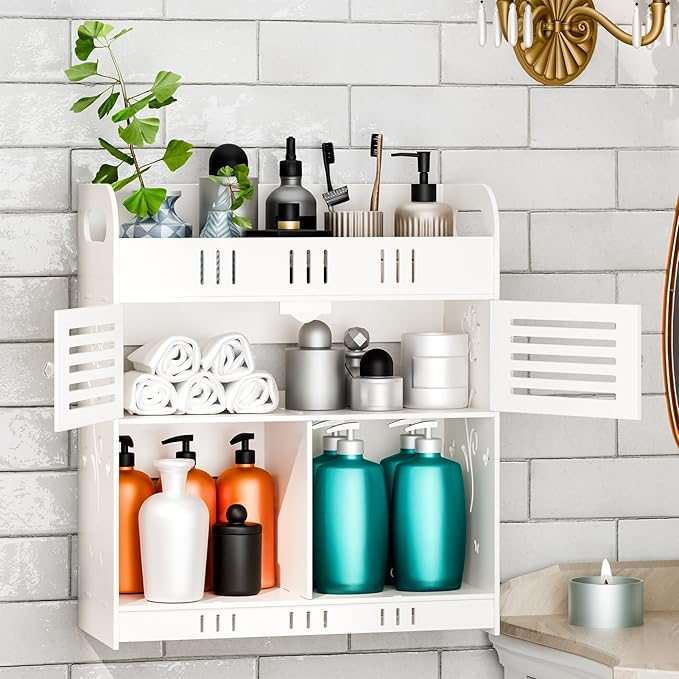 Bathroom Storage Shelf, Wall-Mounted No-Drill Organizer with Multiple Tiers, No-Drill Bathroom Storage Rack Large Capacity Cosmetic Holder Wall-Mounted Toilet Shelf for Bathroom Toilet White