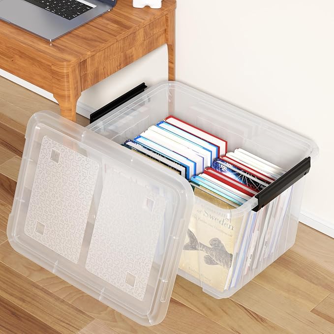 4-Pack 50 Quart Plastic Storage Bin Box Organizing Container with Lid and Secure Latching Buckles, Stackable Wheeled Box, Clear