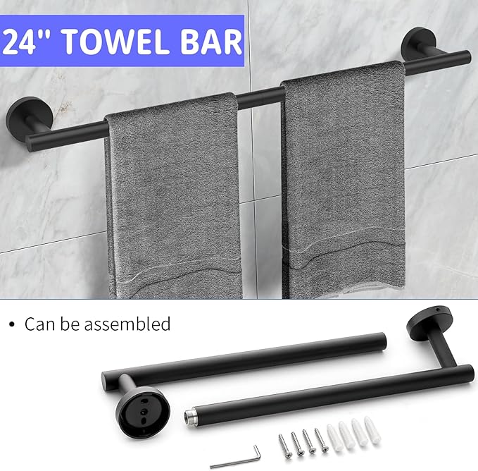 24 Inch Towel Bar, Towel Racks for Bathroom, SUS304 Stainless Steel Towel Bar for Bathroom Wall, Sturdy Towel Holder Bathroom Accessories (Black)
