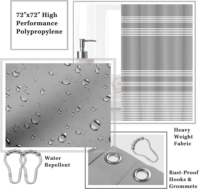 Britimes Bathroom Accessories Set, Grey Shower Curtain Set with Trash Can, Soap Dispenser, Toilet Brush Holder, Toothbrush Holder and Toothbrush Cup for Bathroom Decor