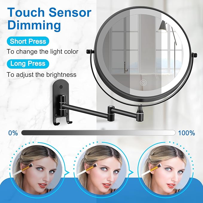 9" Rechargeable Wall Mounted Lighted Makeup Mirror, Double Sided 1X/10X Magnifying Mirror with 3 Color Lights Dimmable, Bathroom Mirror with Hook, Black