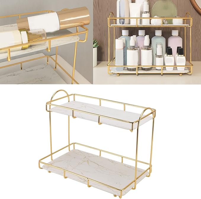 2 Tier Cosmetic Storage Rack Large Capacity Gold Metal Storage Shelf for Bathroom Kitchen Bedroom