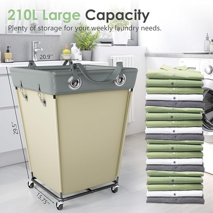 HILIUS Laundry Hamper with Wheels 210L Large Capacity Hamper Rolling Laundry Basket Extra Large Laundry Cart for Easy Transport Storage Basket Ideal for Dorm Laundry Room Bathroom Beige